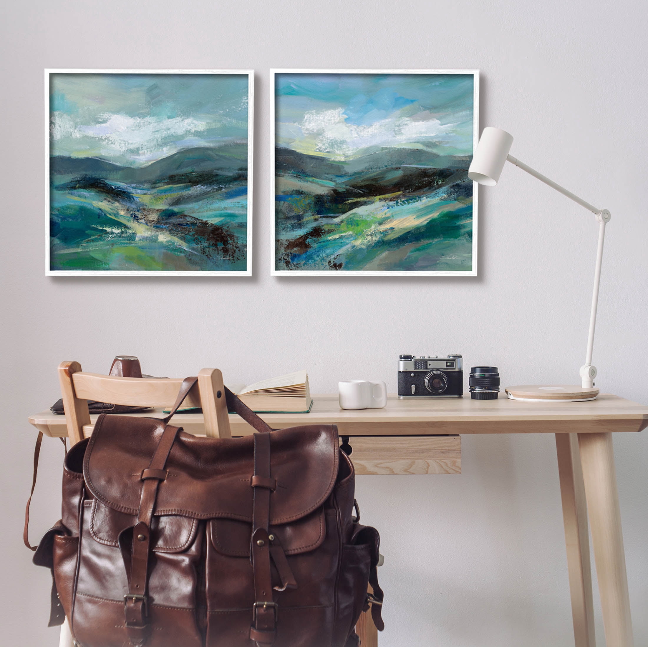 Stupell Industries Modern Mountain Horizon Scene Painting White Framed Art Print Wall Art, Set of 2, Design by Silvia Vassileva