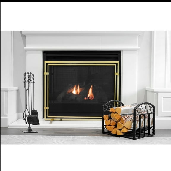 Barton 6-Piece Indoor Outdoor Wrought Iron Firewood Log Storage Rack Holder Firepit Tools Set for Fireplace, Fire Pit, Stove w/Hook, Broom, Shovel, Tongs - Black