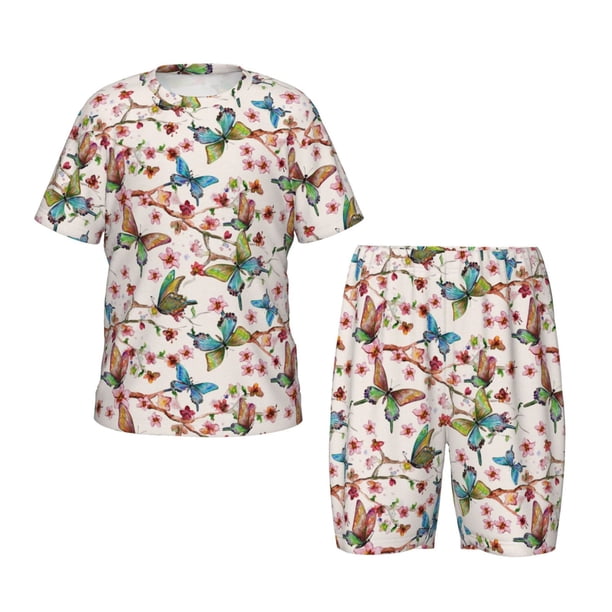 Balery Floral With Butterflies Conjunto de Pijama Infantil de Manga Corta con Estampado – Ropa de Dormir de Algodón Suave-3X-Large