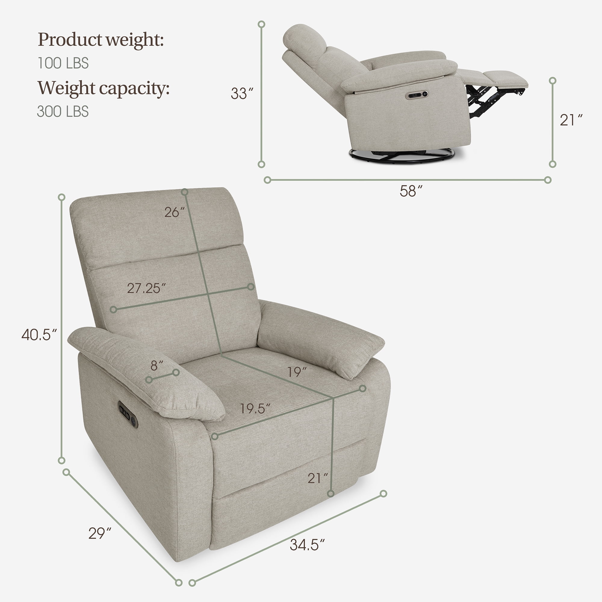 Evolur Asher Deluxe Power Recline Glider, Extra-Wide Nursery Recliner Chair with Adjustable Power Headrest, 275° Swivel, USB-A & USB-C Charging Ports, Ergonomic Lumbar Support, FSC Certified, Beige