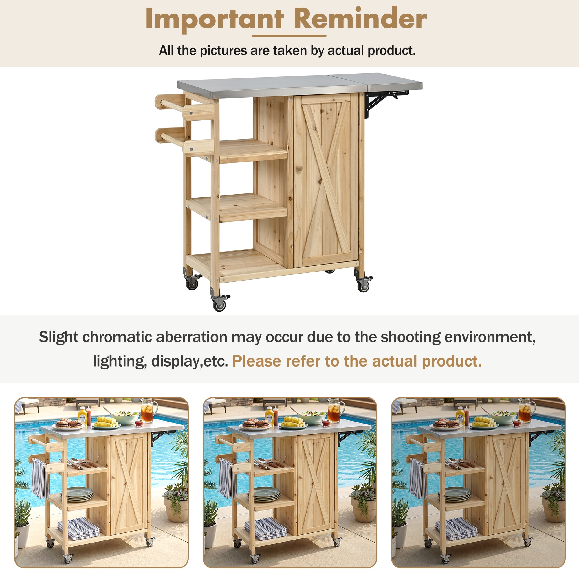 Foldable Outdoor Kitchen Island Patio Kitchen Island Outdoor Kitchen Cart Portable Prep Station with Lockable Wheels, Storage Cabinet and Towel Rack for Patio and Outdoor, Natural