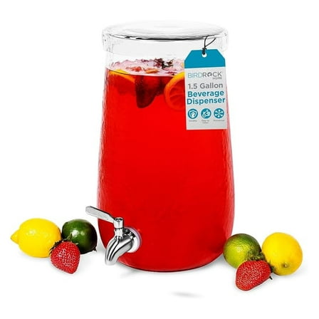 1.5 Gallon Glass Beverage Dispenser with Spigot - Hammered Design - Round Drink Jar for Parties & Events - Clear Lemonade, Tea, Sangria
