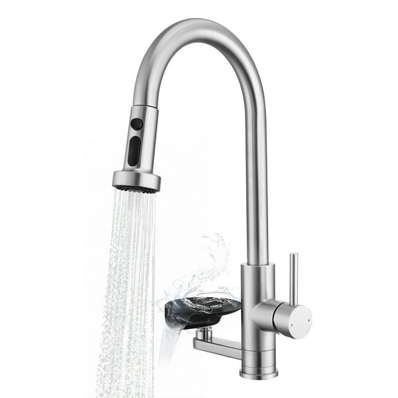 3-in-1 High-Arc Kitchen Faucet with Press-Type Glass Rinser, Pull-out Sprayer, Stainless Steel & ABS Construction for Modern Sink, Brushed Nickel Finish