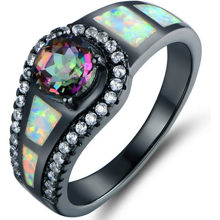 Mystic Topaz and Lab Created Opal Black Rhodium-Plated Cocktail Ring