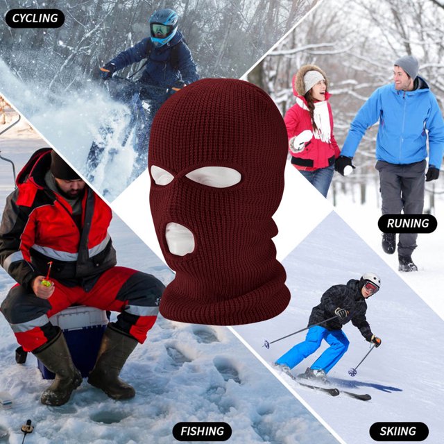 Máscara de cara completa Ciclismo Capucha Gorra 3 agujeros Pasamontañas de punto cálido Esquí Vino rojo rojo JShteea Accesorios para bicicletas