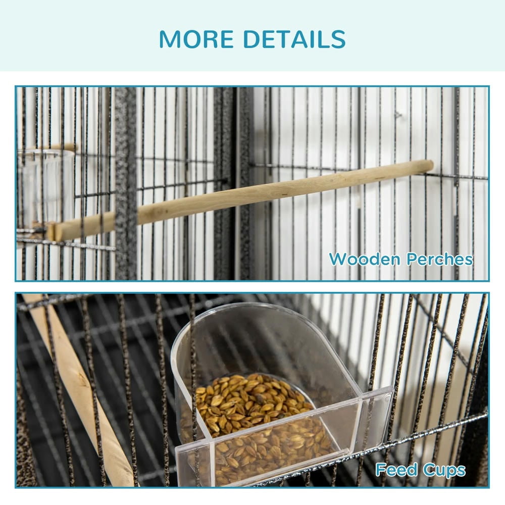 Spaco Rolling 65"L Bird Cage w/ Storage Shelf Wood Perch Food Container, Bird Cage with Large Front Doors, Black