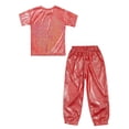 thumbnail image 4 of Alvivi Kids 2 Piece Dance Outfit Shorts Sleeve Shiny Metallic T-shirt with Pant Set Jazz Hip-hop Costume Red 2-3, 4 of 5