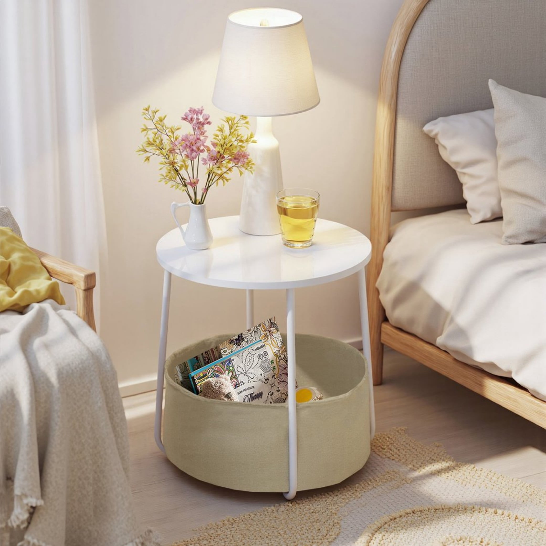 BSHTI 18" Round Coffee Table with Fabric Storage Basket – Space-Saving End Table for Living Room, Bedside Nightstand, Matte White & Beige