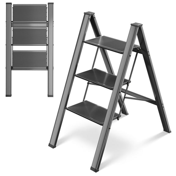 TLGREEN 3 Step Ladder, Aluminum Folding Step Ladder with Anti-Slip Pedal, 330lbs Capacity, Lightweight, for Kitchen, Home, Garage (Black)