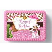 Pink Cowgirl Happy Birthday Cake Image Topper, Western Cowgirl Birthday Cake Decoration, 1/4 Sheet Edible Cake Banner for Girls Rodeo Parties