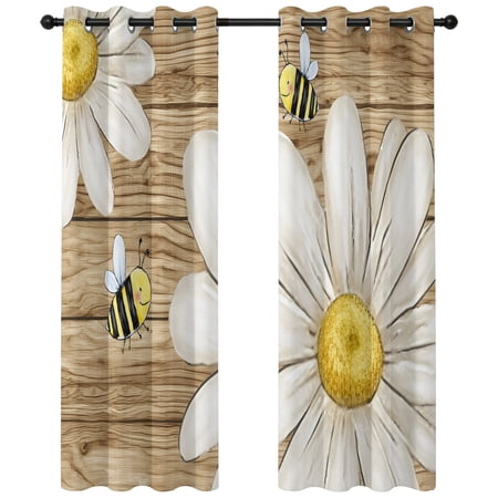White Daisy Honeybees Blackout Curtains 63 Inches Long Farmhouse Floral Rustic Wood Stripes Thermal Insulated Room Darkening Drapes with Grommets for Living Room 42 W x 63 L 2 Panels