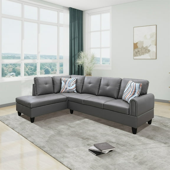 Hommoo Faux Leather L Shaped Sectional Couch and Sofa Set, Modern Living Room Furniture Set, Left Side, Dark Grey