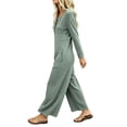 thumbnail image 4 of Womens Jumpsuits Knit Button Long Sleeve Jumpsuit Waffle Casual Round Neck Wide Leg Romper With Pockets Fall Winter Daily Wear, 4 of 7