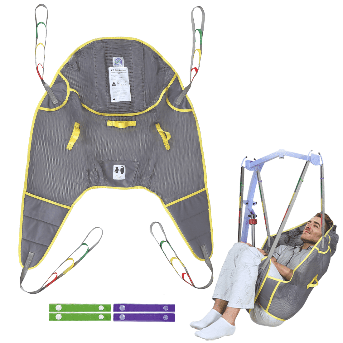 EHUCON Patient Lift Divided Leg Sling with Head Support, Full Body Mesh Transfer Sling, 500 lb Safe Working Load, Breathable Polyester Mesh, Purple Gray, Small