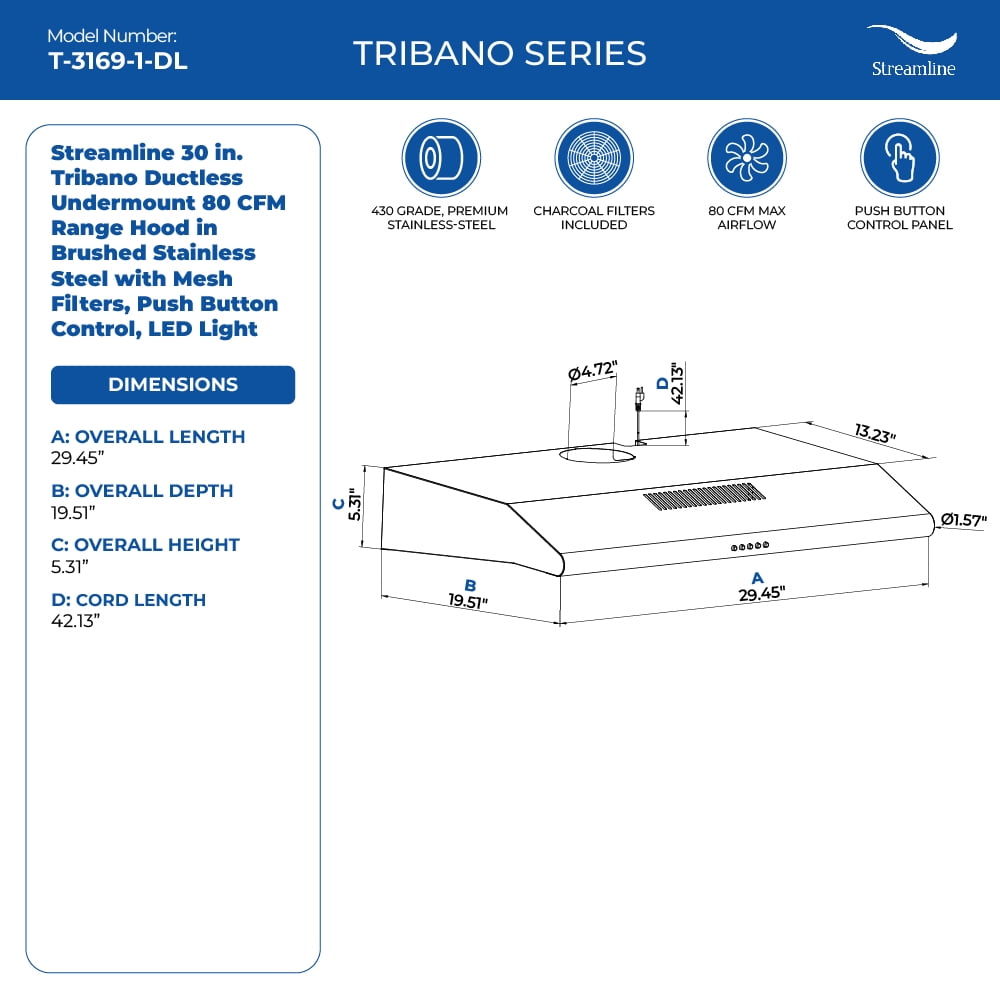 Streamline 30 in. Tribano Ductless Undermount 80 CFM Range Hood in Brushed Stainless Steel with Mesh Filters, Push Button Control, LED Light