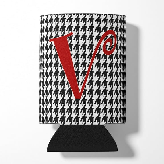 Letter V Initial Monogram - Houndstooth Black Can or Bottle Hugger