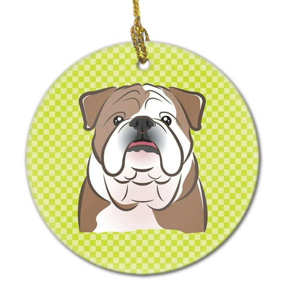 Carolines Treasures BB1281CO1 Checkerboard Lime Green English Bulldog  Ceramic Ornament  3 in multicolor
