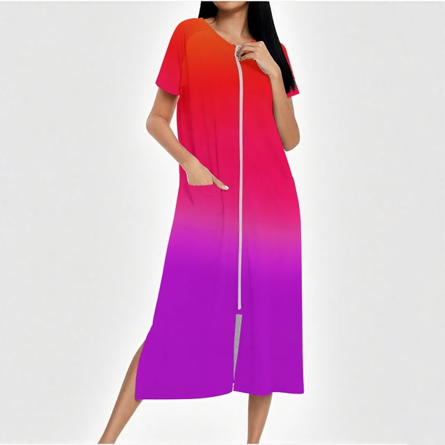 Camisón largo con cremallera para mujer, bata de punto, largo completo, color degradado, con bolsillos