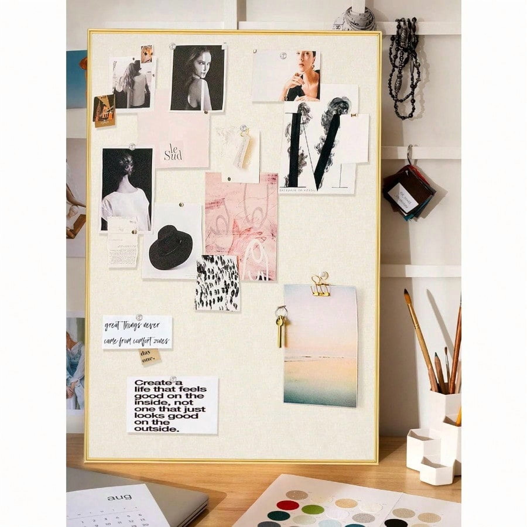 Bulletin Board 30 X 20 Inches Oatmeal White Pin Board Golden Aluminum Framed Fabric Cork Board With 10 Push Pins