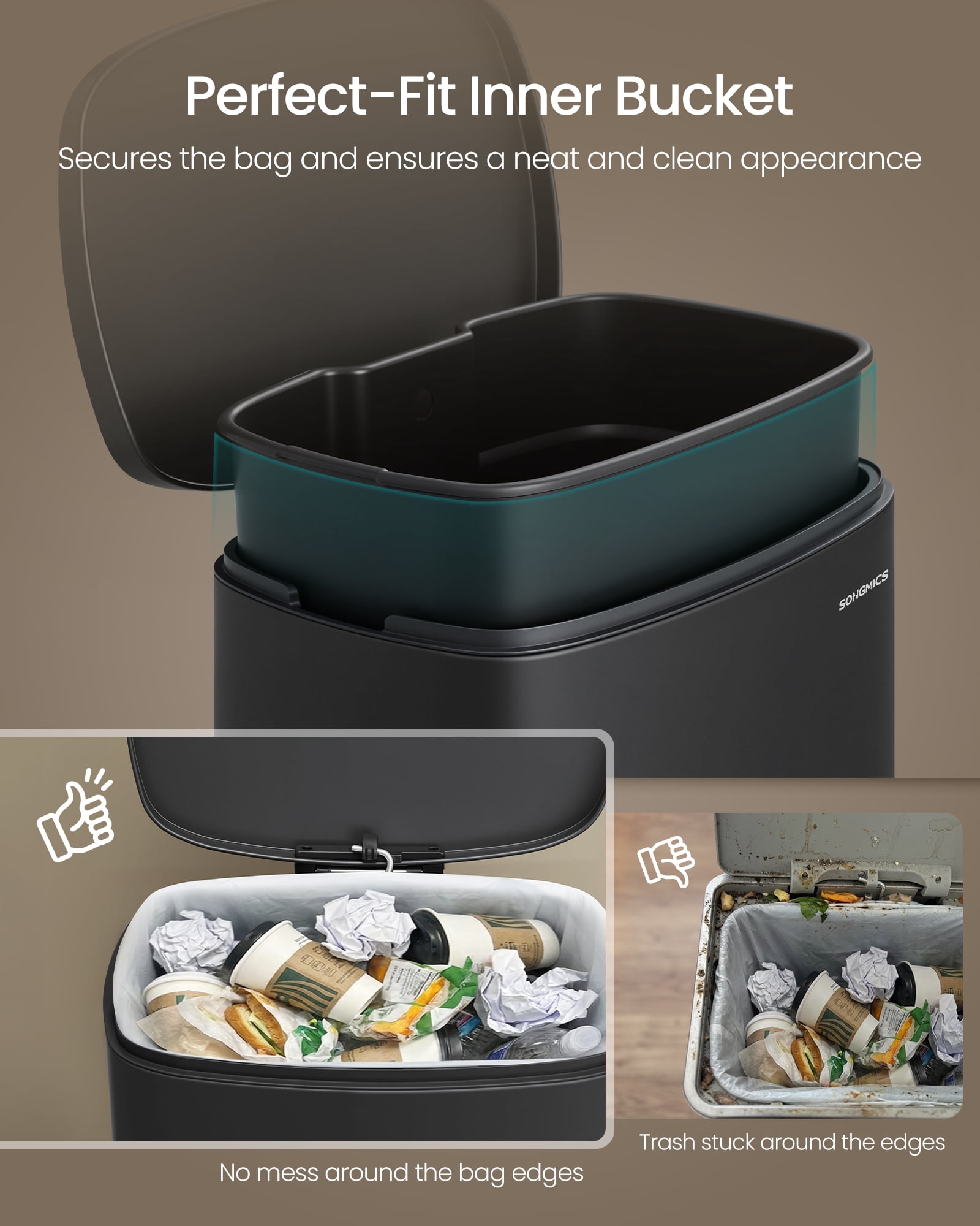 SONGMICS 20-Gallon (75 L) Trash Can, Stainless Steel Kitchen Garbage Can, Soft Close, Step-On Pedal, Removable Inner Bucket, Black