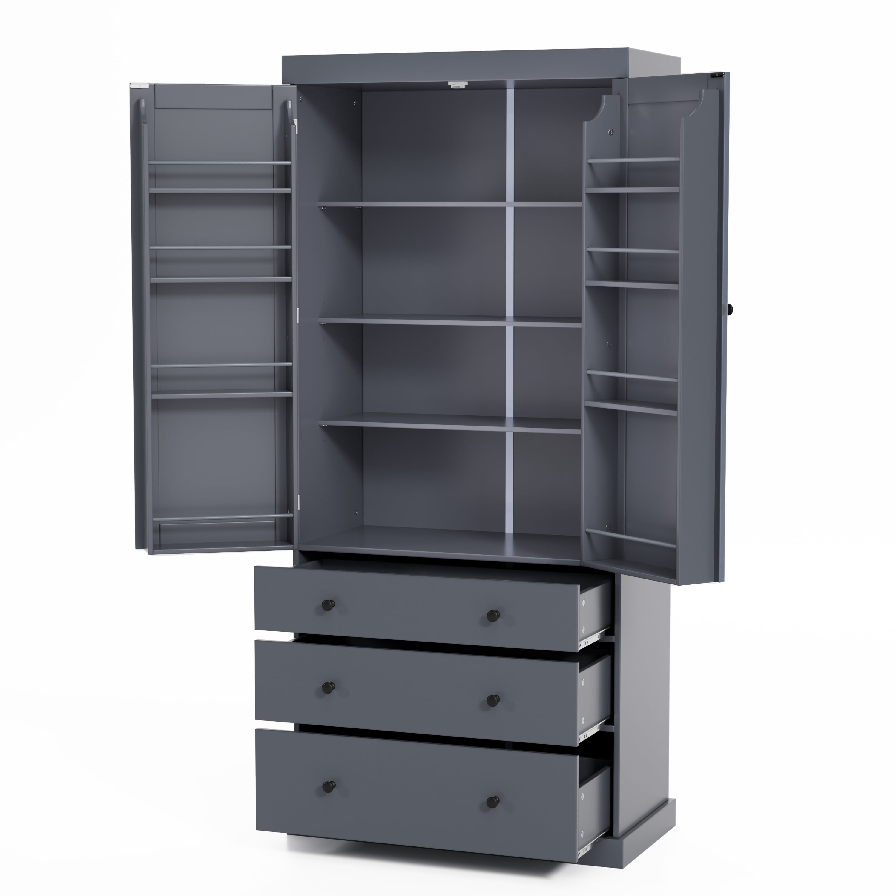 PAPROOS 77" Tall Kitchen Pantry Cabinet, Wood Pantry Storage Cabinet with 3 Drawers, 2 Doors, Farmhouse Cupboard Storage with 3 Adjustable Shelves, 8 Door Shelves for Dining Room, Craft Room, Grey