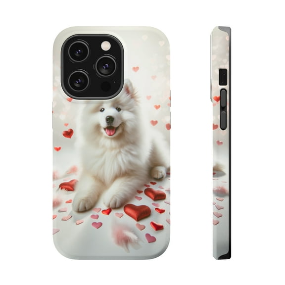 DistinctInk Tough Case for Apple iPhone 14 Pro MAX (6.7" Screen), Compatible with MagSafe Charging - Valentine's Day Samoyed Puppy