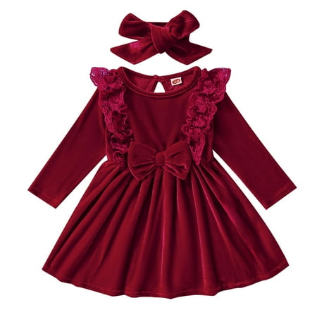 

nsendm New Born Baby Wrap Toddler Girls Long Sleeve Dresses Solid Bowknot Princess Dress Headbands Baby Bundle Set Wine 3-6 Months