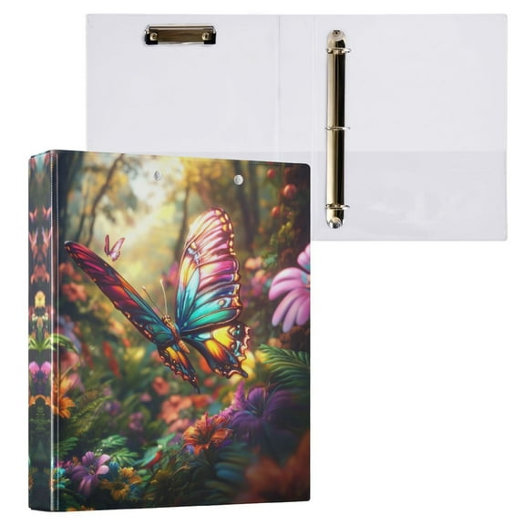 Colorful Butterfly Scene 3 Ring Hardcover Binders 1.5in Round Rings for Letter-Size Folder Paper Organizer Pockets for Office Student Recipe