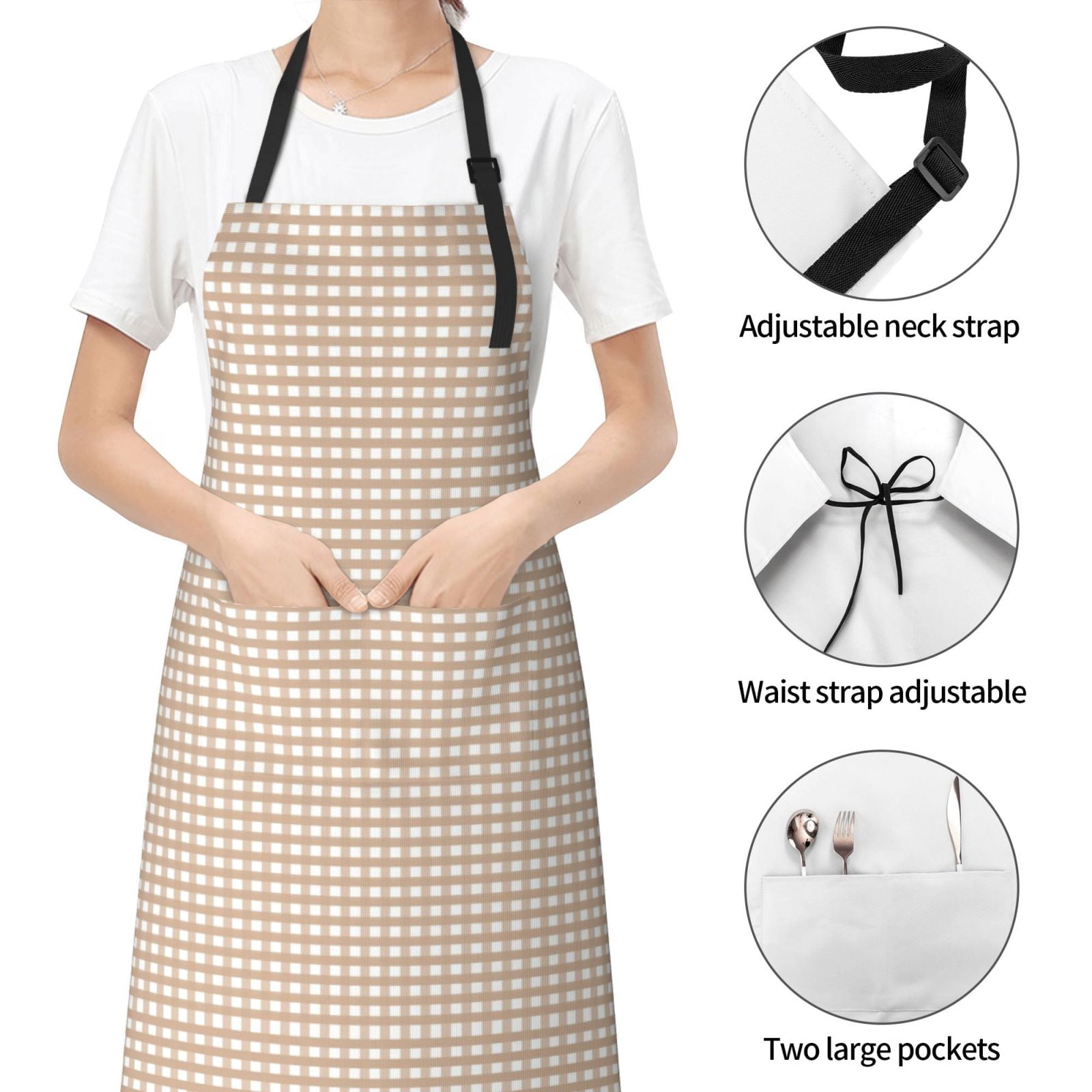 Kdxio Brown Gingham Apron with Pockets Adjustable Kitchen Aprons for Men Women Waterproof Aprons for Cooking,Drawing,Crafting, Baking Household Cleaning