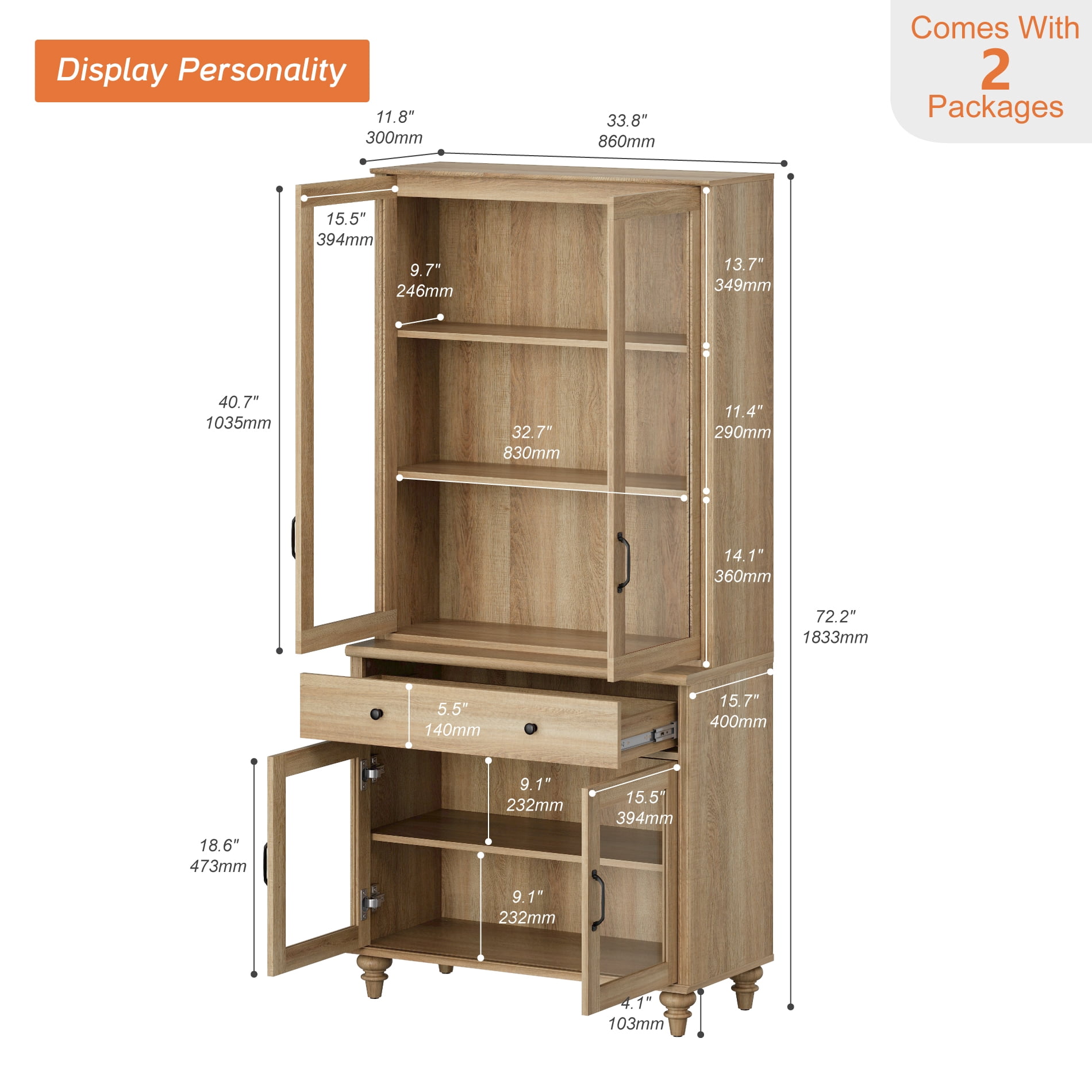 72.1"H × 33.9"W Farmhouse Wooden Bookcase with Glass Doors and Drawer, Large Storage Bookshelf for Living Room, Bedroom, Home Office & Kitchen, Oak