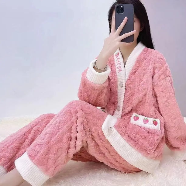 Conjunto de pijama de lana con cuello en V para mujer, cárdigan de manga larga, informal, cálido, Coral, fresa, ropa suave para el hogar, Invierno