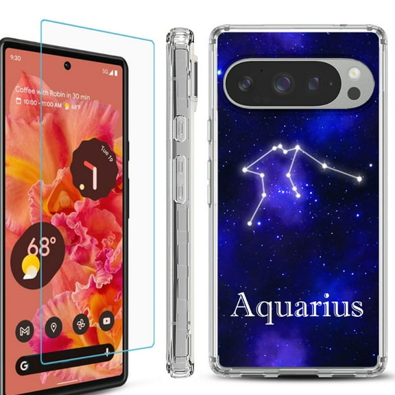 For Google Pixel 9 / 9 Pro Phone Case Cover, Shockproof Bumper Case with Tempered Glass Screen Protector, by OneToughShield - Aquarius