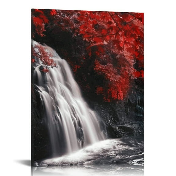 JRXY Waterfall - Wall Art Black White Red Landscape Canvas Wall Art,Red Trees Forest Picture Prints for Home-office - canvas art wall art for living room 12x16 in