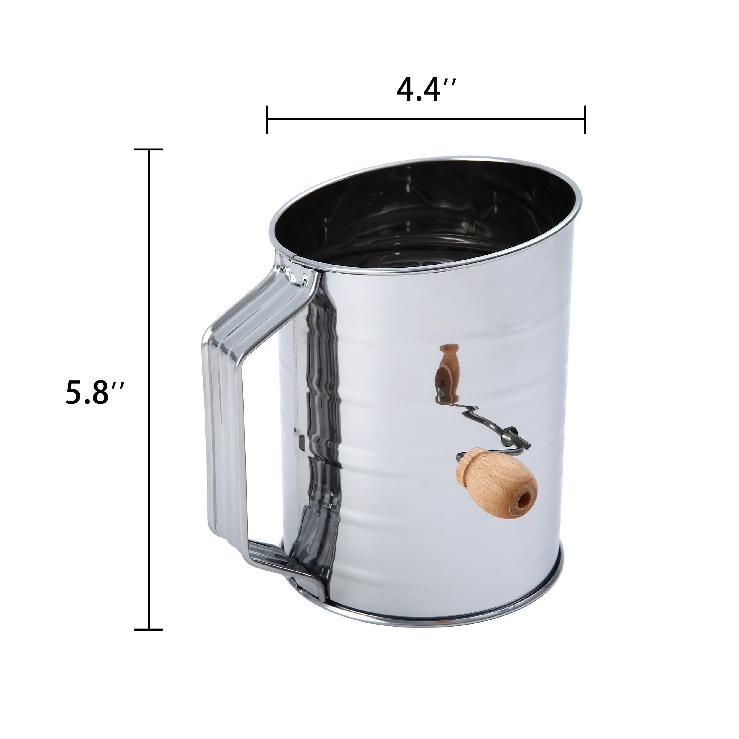 Mainstays 3 Cup Hand Crank Flour Sifter, Stainless Steel with Beechwood Handle, Silver