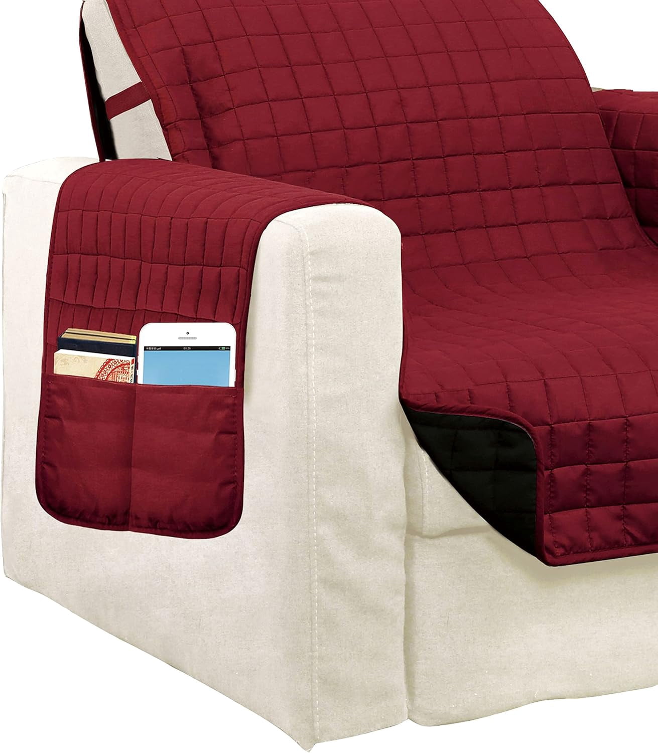 Elegant Comfort Quilted Furniture Protectors Solid and Printed Design Reversible Slipcovers Featuring Elastic Straps and Smart Pockets Great for Pets,Sofa Size Burgundy Black