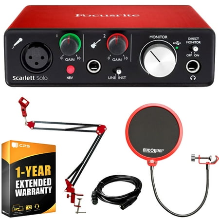 Focusrite Scarlett Solo USB Audio Interface (2nd Gen) w/ Pro Tools & More +Deco Gear Adjustable Mic Arm +Deco Gear Universal Pop Filter + Deco Gear XLR Male to Female Cable +1 Year Extended