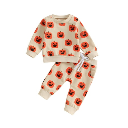 

Mioliknya Baby Girl Boy Fall Outfit Pumpkin Print Sweatshirts Long Pants