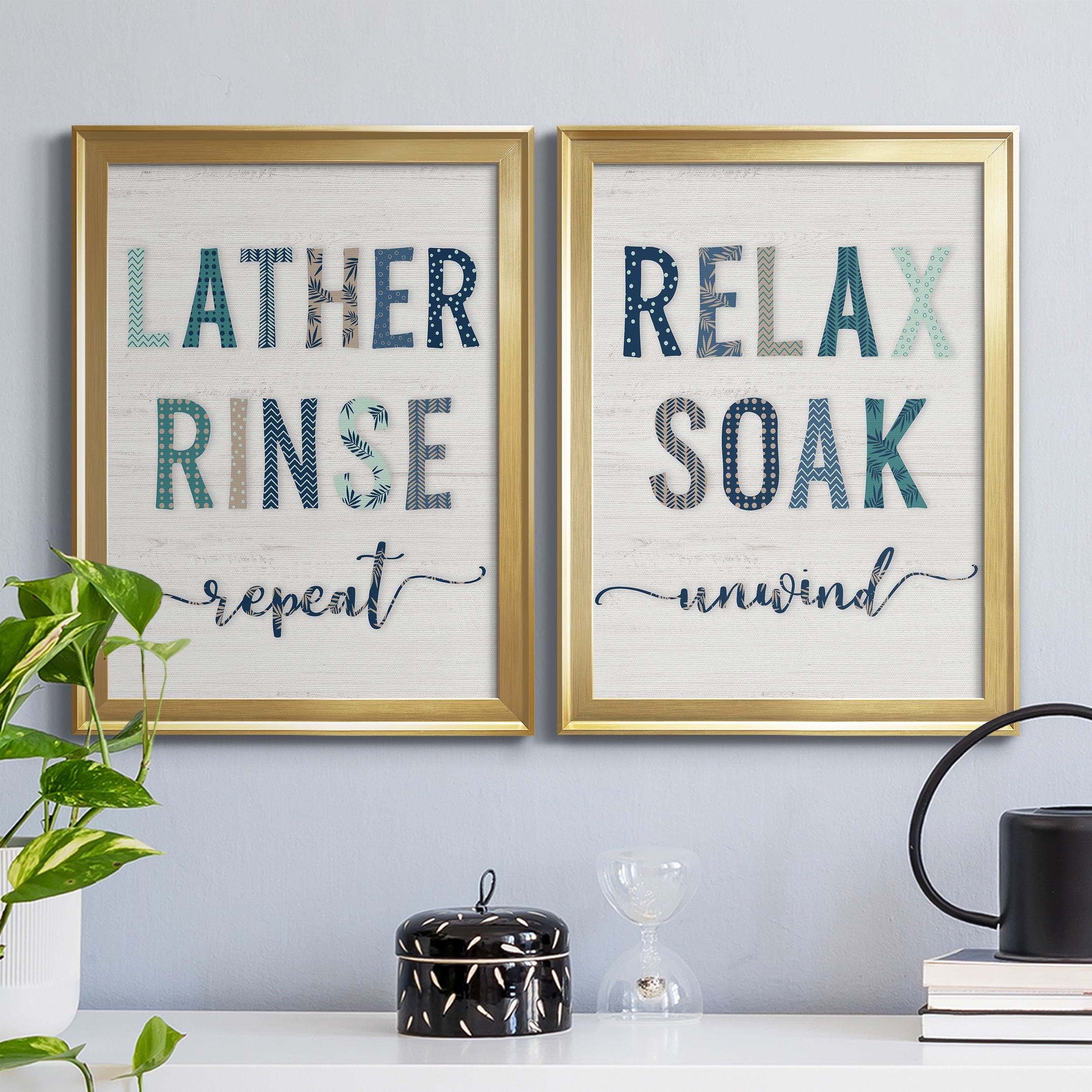 2 Piece Set Lather Rinse Repeat Premium Framed Canvas - Ready to Hang - 18.5 x 24.5 Each - Gold Frame