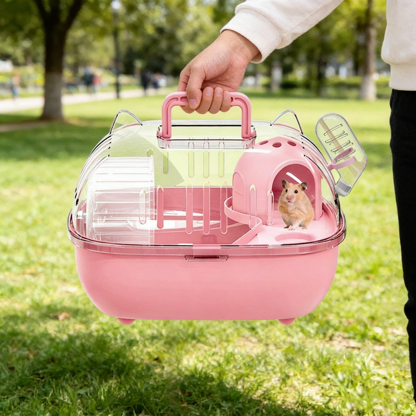 2026 Upgrade Portable Hamster Carrier Cage, Cat Ear Bubble Travel Case with Wheel and Water Bottle, Small Pet Outgoing Habitat for Gerbil