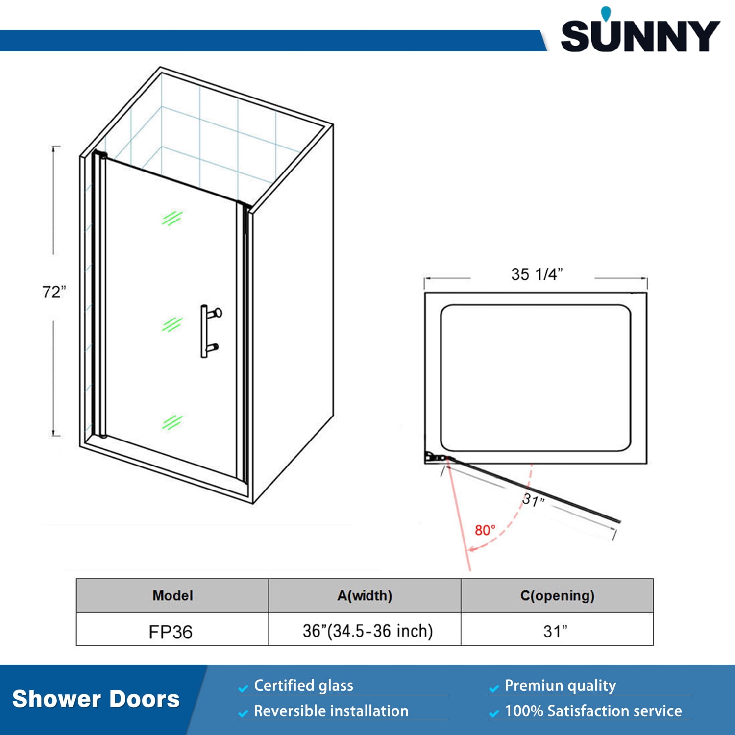 Sunny Shower Semi-Frameless Pivot Swing Shower Door One Panel Glass in Chrome