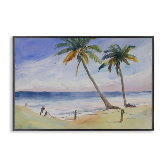 Stupell Industries Coastal Two Palms Beach Sunset Black Framed Giclee Art, 18 x 12, by Karin Lind