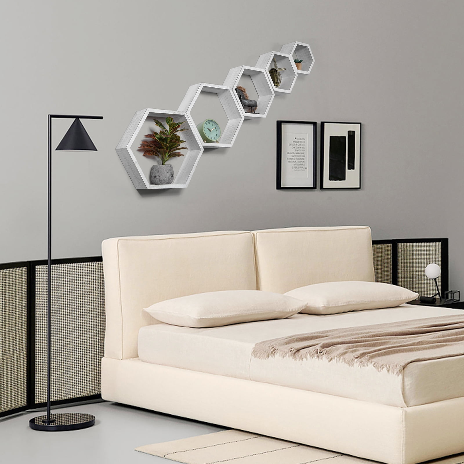 Hexagon Floating Shelves 5 Different Sizes Honeycomb Shelves for Wall, White