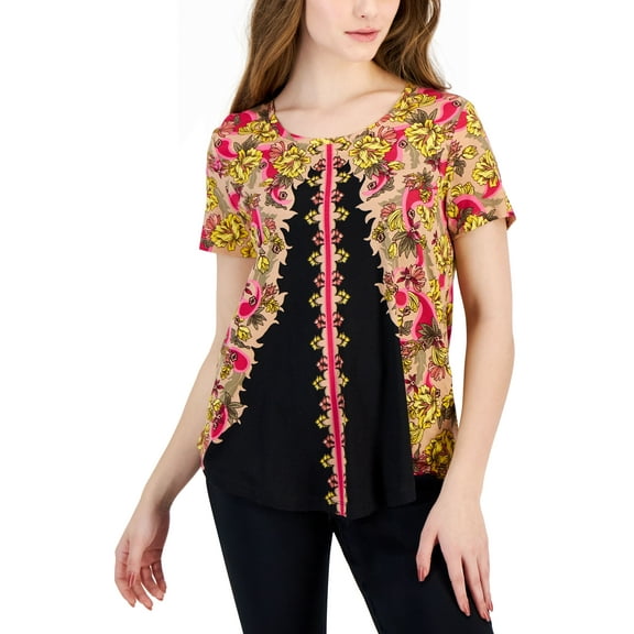 Petite Oaklyn Ornate Short-Sleeve Top Deep Black Combo PXL