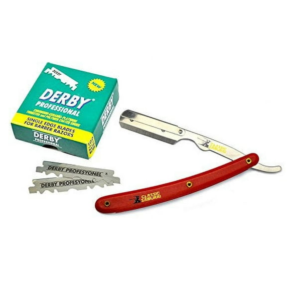 Classic Samurai Stainless Steel Professional Barber Straight Edge Razor with 100 Derby Single Edge Razor Blades (Red)