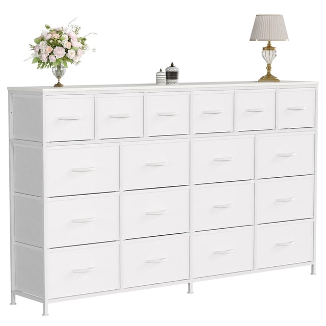 Commode de 63 Pieds' L avec 18 Tiroirs en Tissu, Commode pour Chambre avec Station de Recharge, Blanc