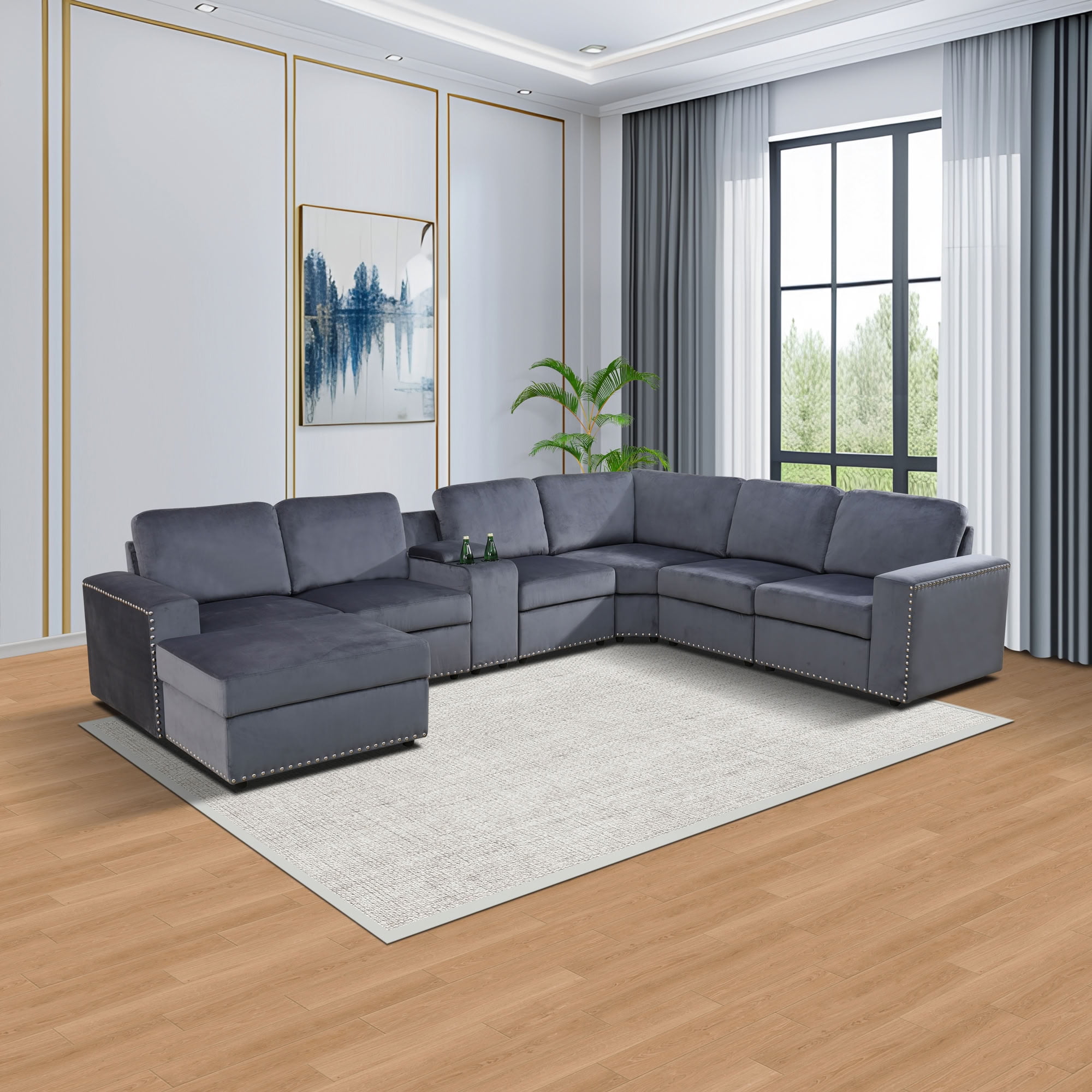MAYEERTY Modular Sectional Sofa Set, Convertible Upholstered Couch with Ottoman, Console & Cup Holders, for Living Room Family Room, Dark Grey