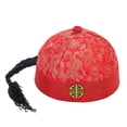 thumbnail image 2 of Sombrero oriental chino para fiesta, gorro de cosplay, gorro de casero con cola de caballo Qing Rojo 56cm, 2 of 9