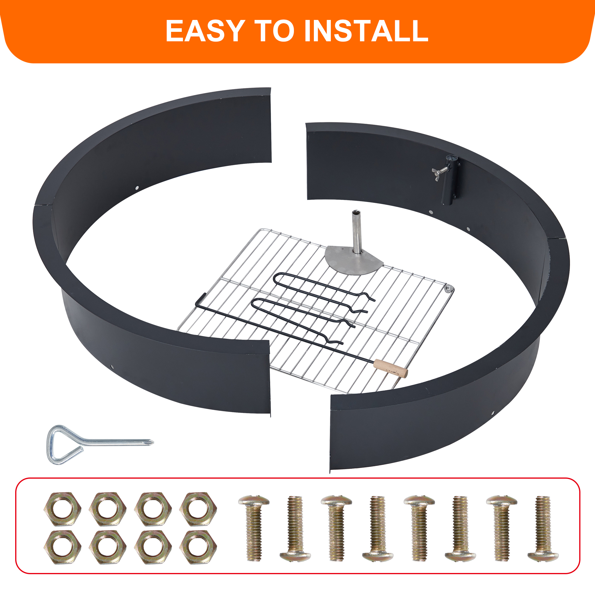 WhizMax 35" Fire Pit Ring w/ Grill Grate,Outdoor Steel Firepit Liner DIY Wood Burning Insert for Camping Patio