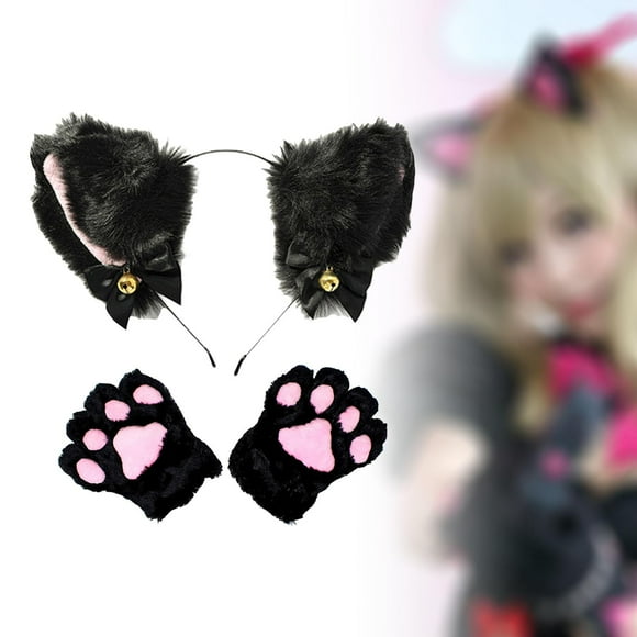 Runquan 1Set Cat Ear Headband with Bells Plush Cat Ears Headwear and Mittens Fancy Dress 2PCS