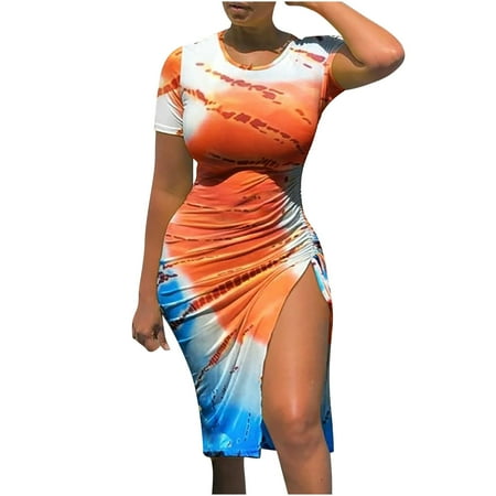 

Ziloco Short Sleeve Round-Neck Dress Corset Dress For Women Women s Sexy Summer Short Sleeve Round Neck Printed Drawstring Slitting Dress